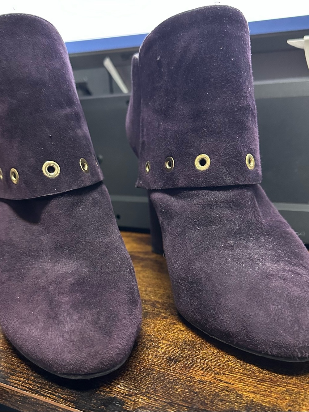 Stuart Weitzman Plum Suede Ankle Booties with Gold Grommets